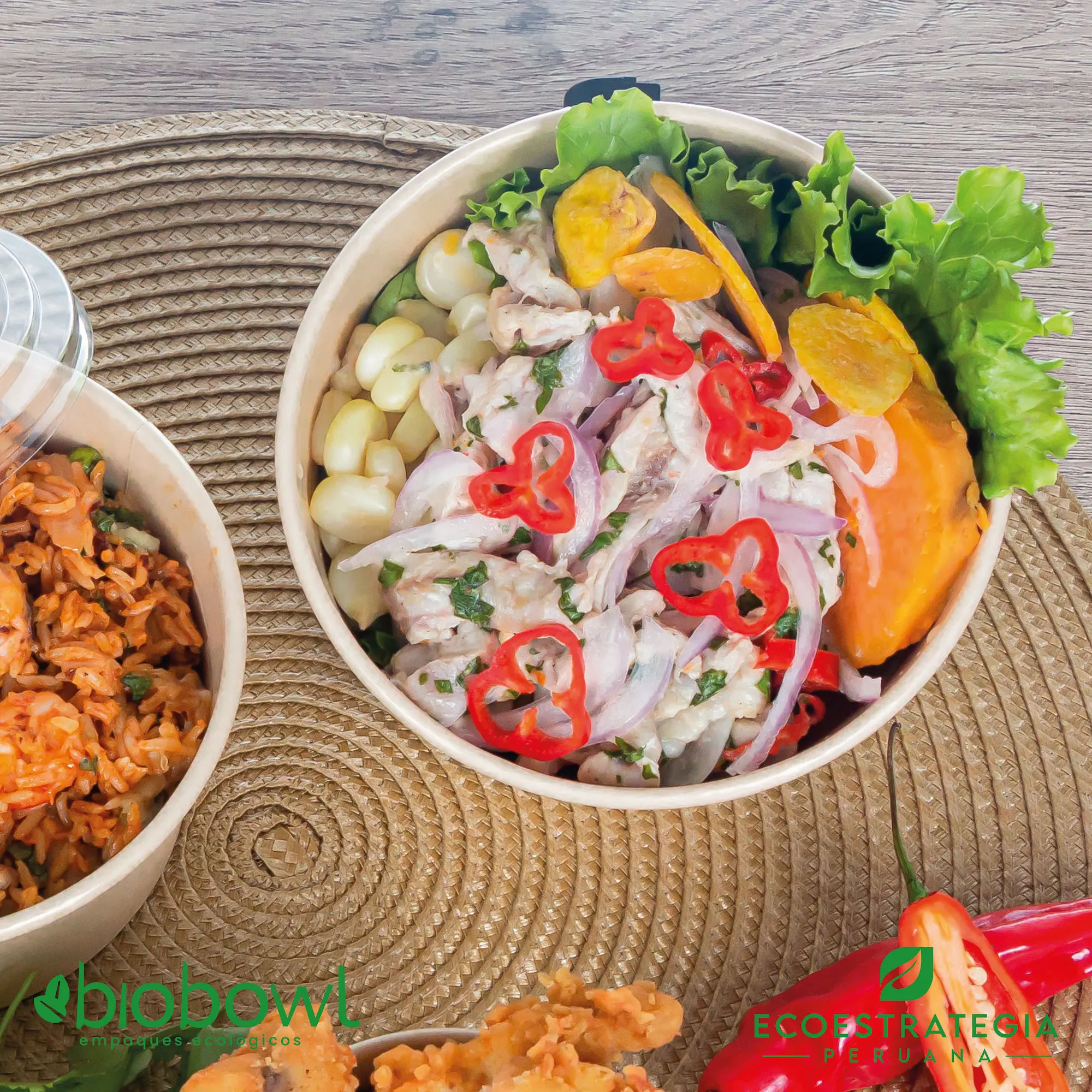 Bowl de bambú compostable con tapa PET, ideal para servir ensaladas grandes y comidas saludables.