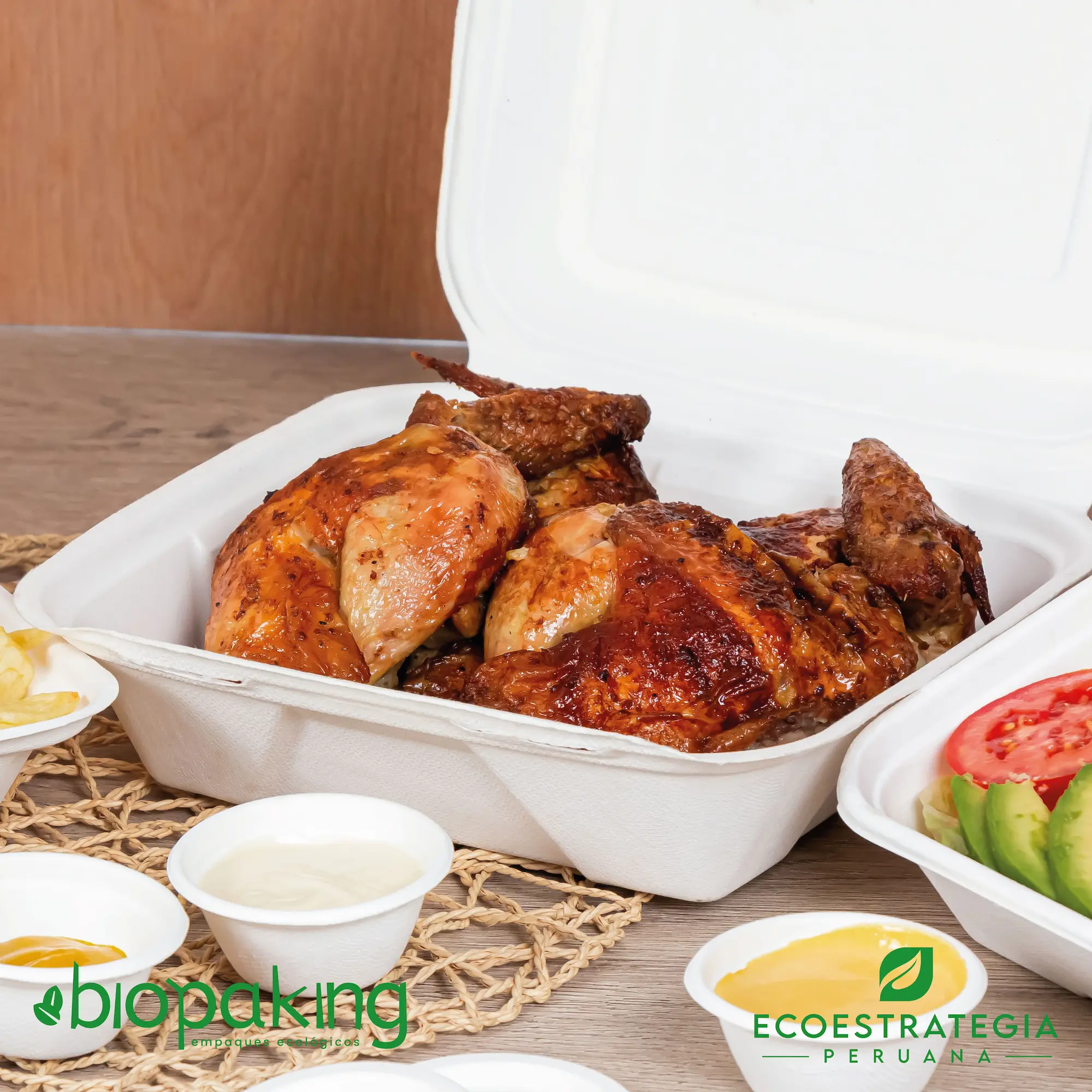  envase compostable, seguro para el contacto alimentario. Fabricado con caña de azúcar, perfecto para delivery de comidas ligeras