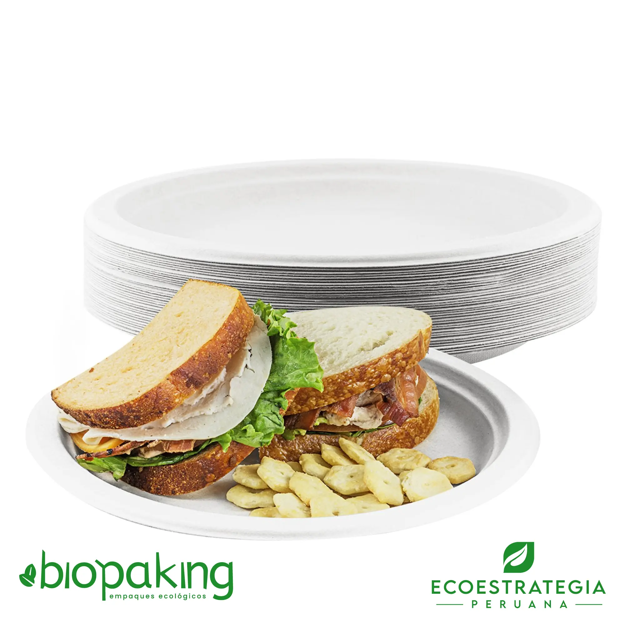 Plato biodegradable 22cm ideal para cafeterías, food trucks y servicios de alimentación ecoamigables.