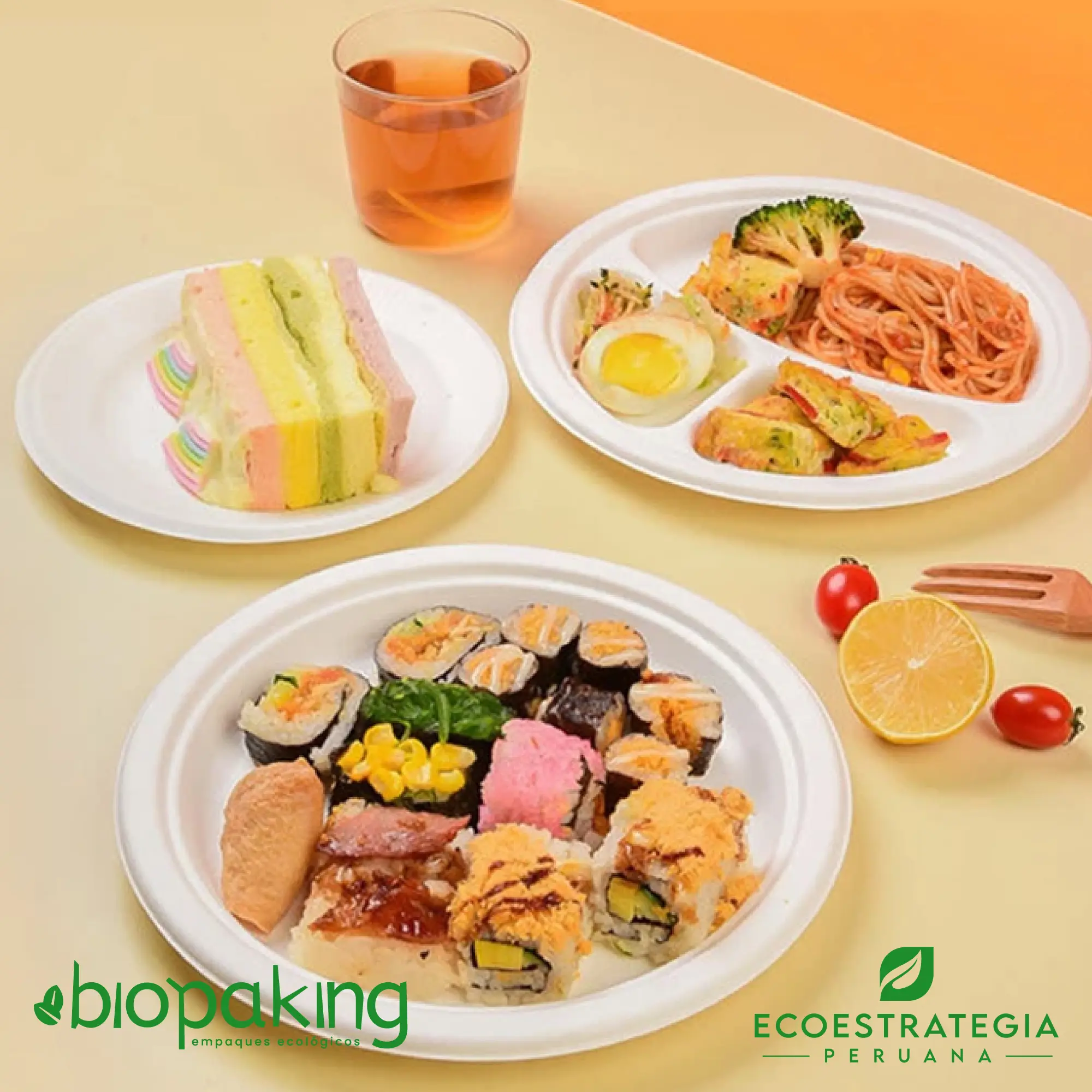 Plato ecológico de caña de azúcar 26 cm, solución compostable para servir alimentos sin plástico.