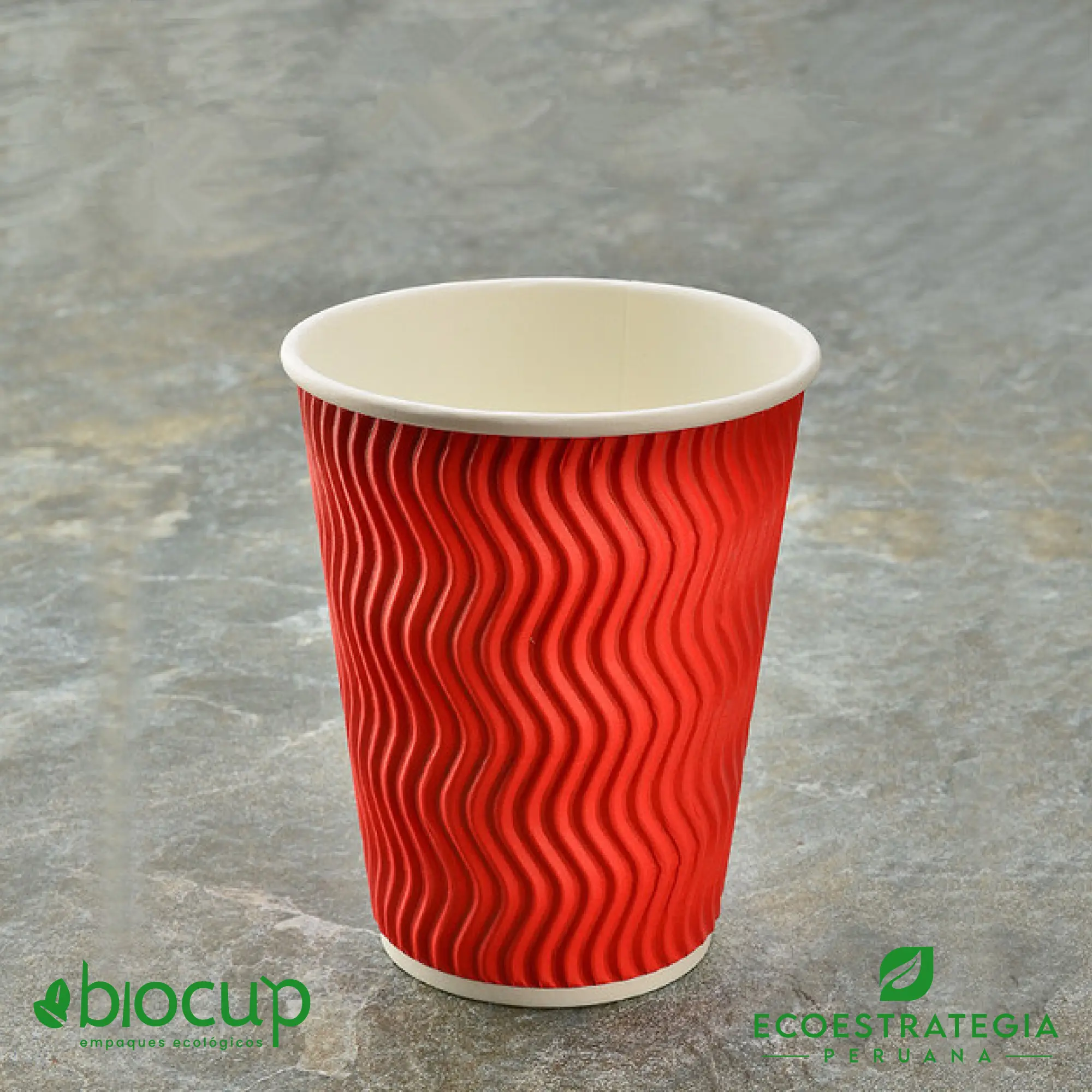 Vaso térmico de papel corrugado rojo 12oz, ideal para bebidas calientes en cafeterías
