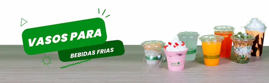 Vasos biodegradables para bebidas frías, hechos con PET reciclable y PLA compostable. Ideales para jugos, refrescos o delivery con conciencia ecológica.